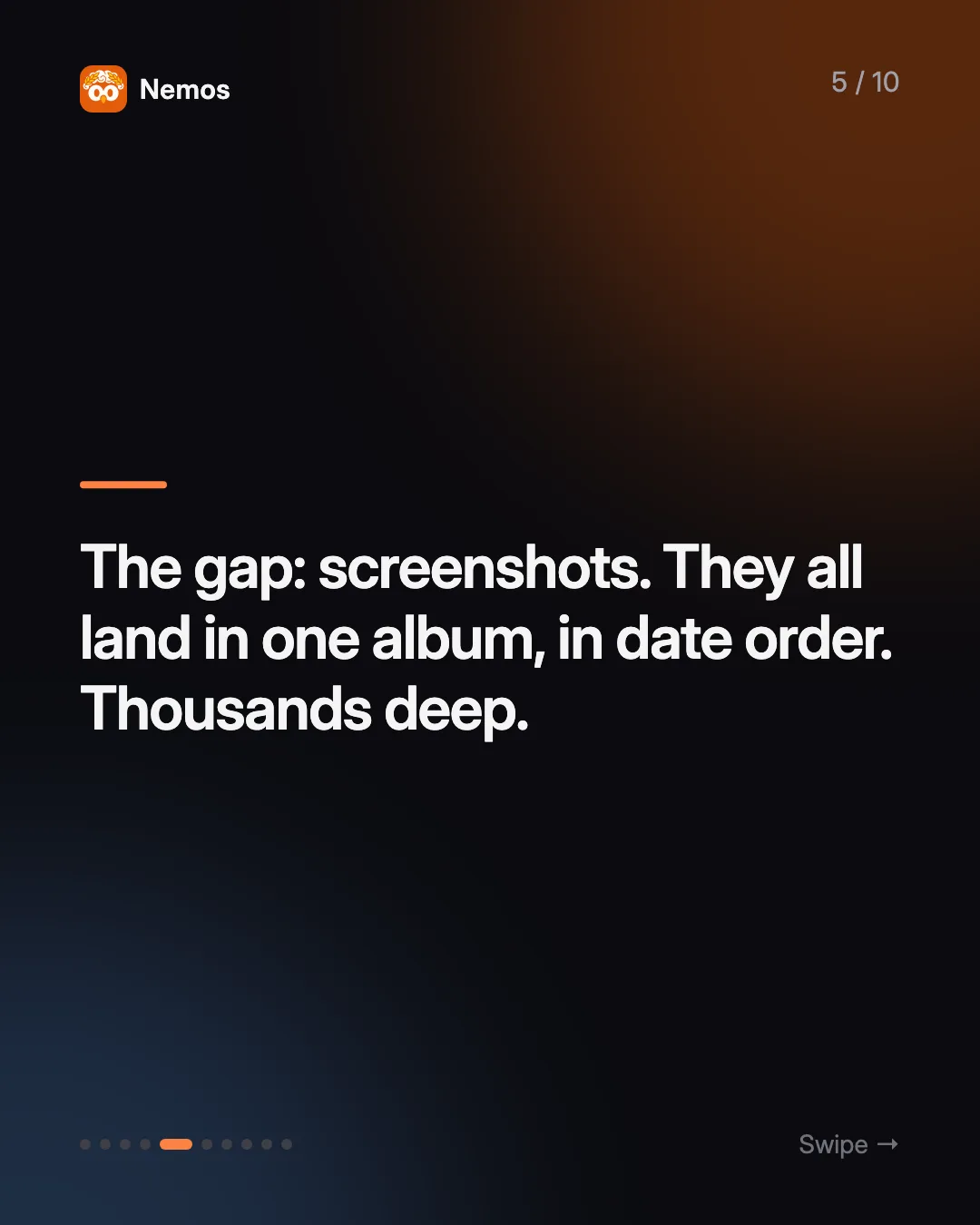 The gap: screenshots. They all land in one album, in date order. Thousands deep.