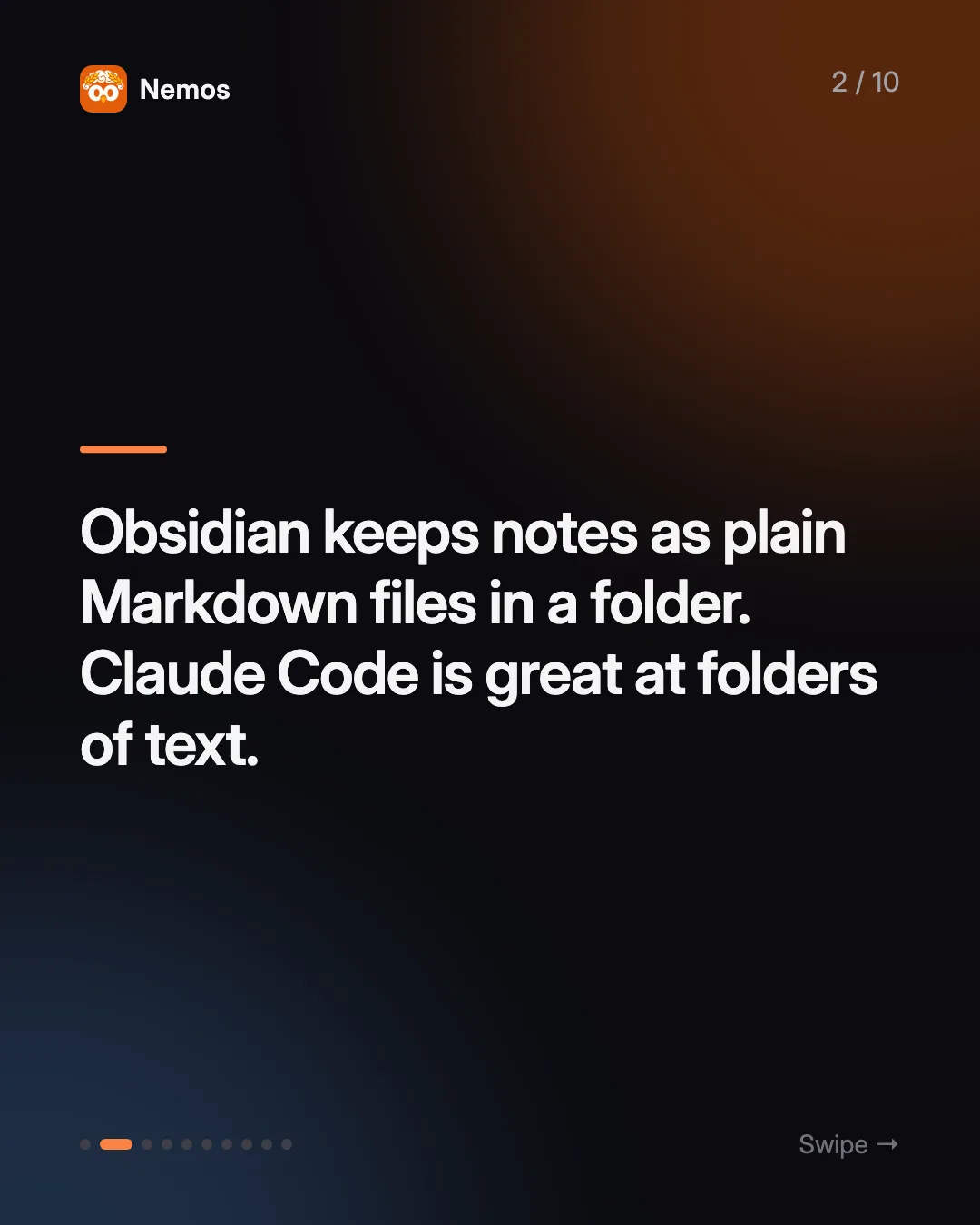 Obsidian keeps notes as plain Markdown files in a folder. Claude Code is great at folders of text.