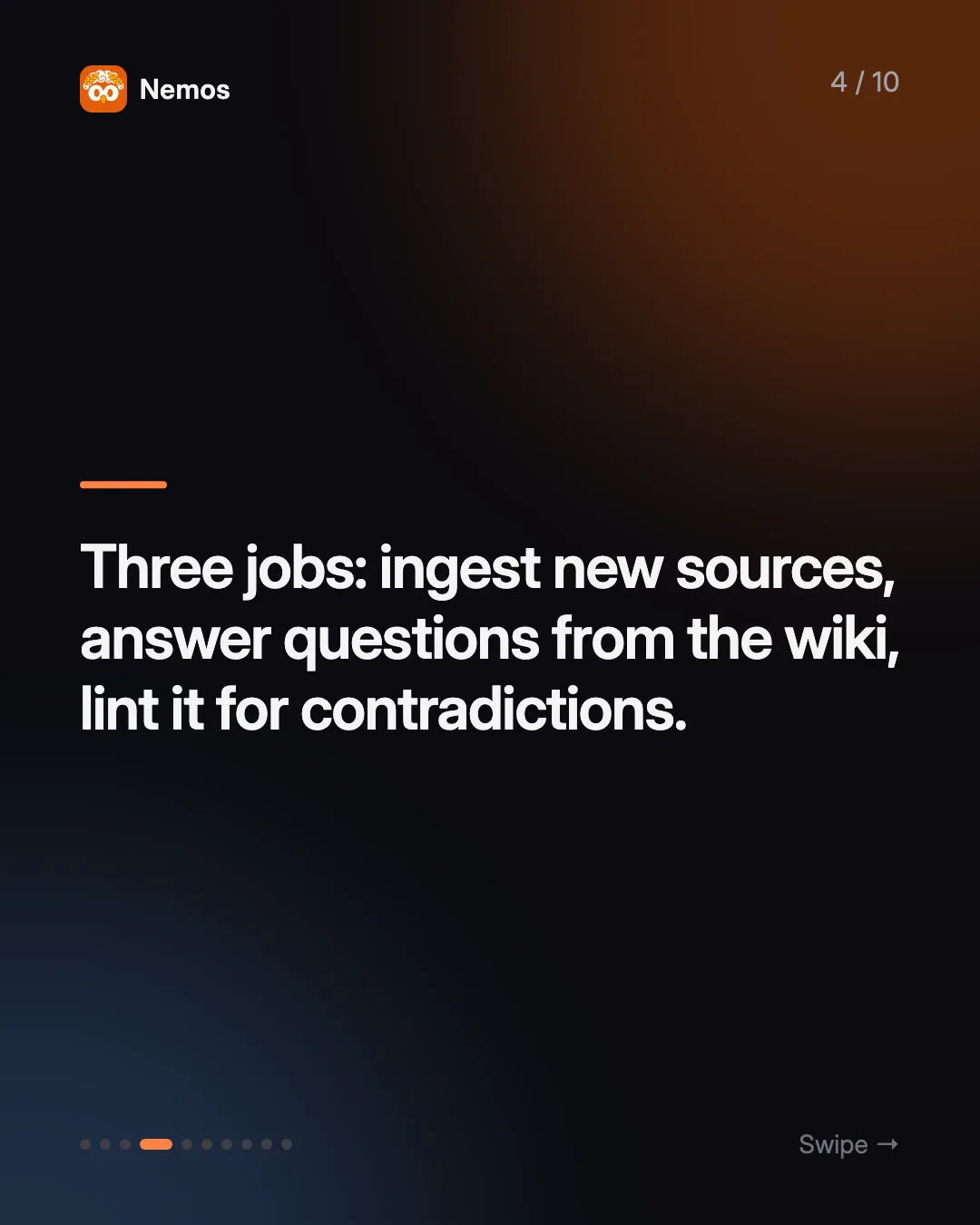 Three jobs: ingest new sources, answer questions from the wiki, lint it for contradictions.