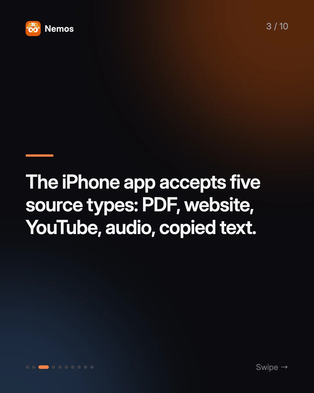 The iPhone app accepts five source types: PDF, website, YouTube, audio, copied text.
