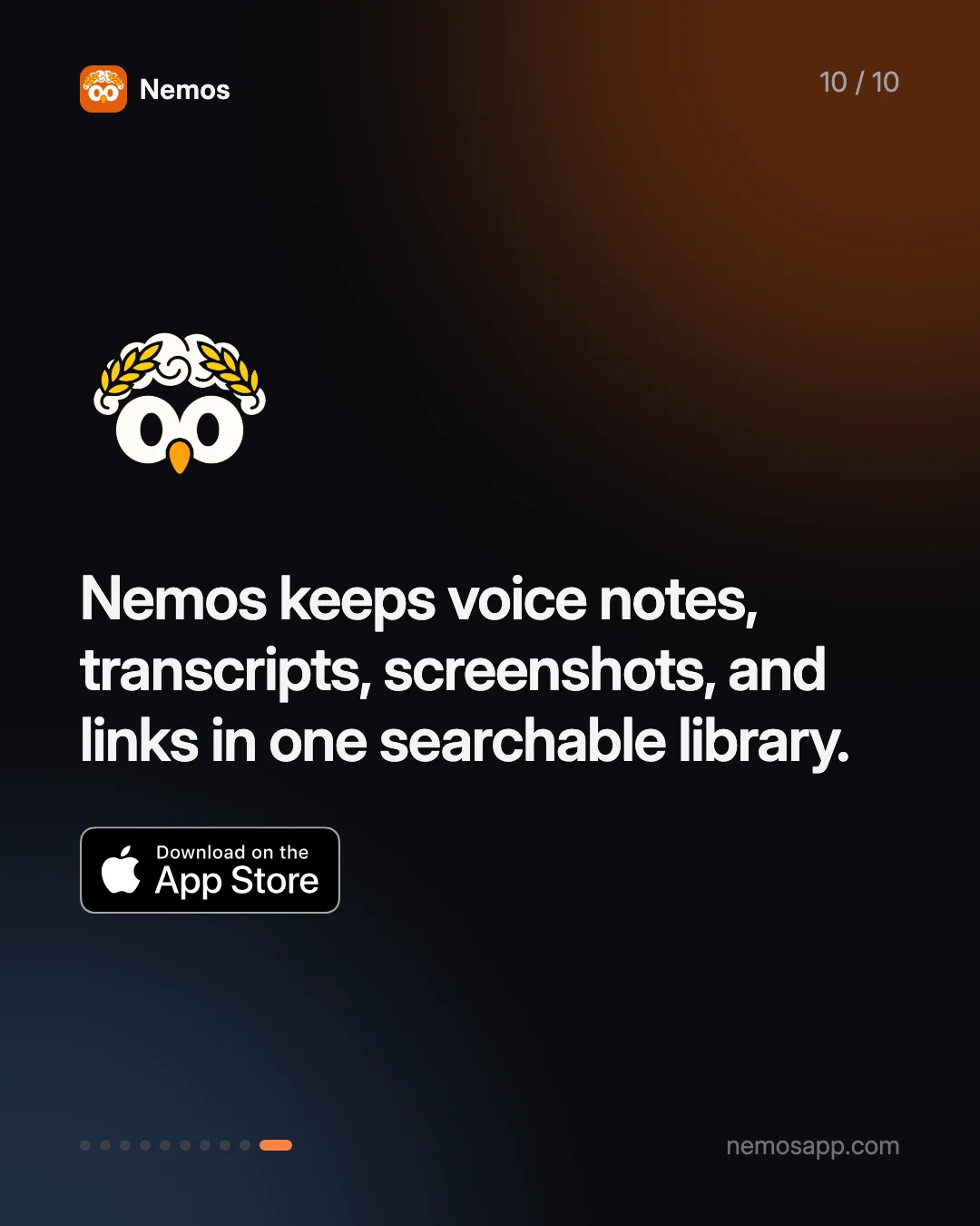 Nemos keeps voice notes, transcripts, screenshots, and links in one searchable library.