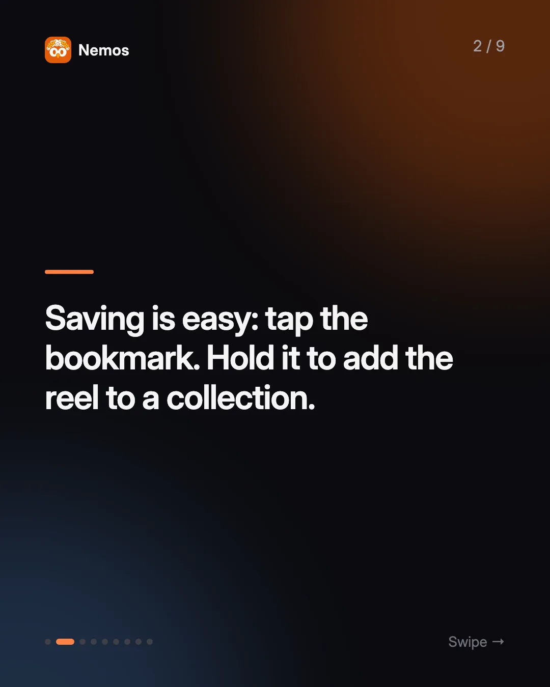 Saving is easy: tap the bookmark. Hold it to add the reel to a collection.