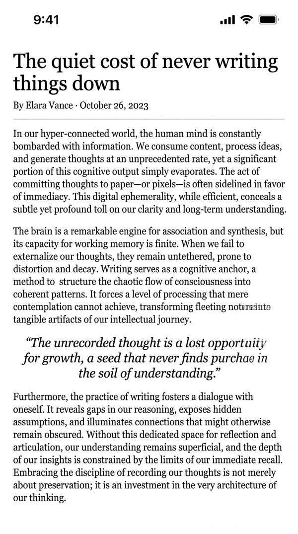 A long-form article saved to read later